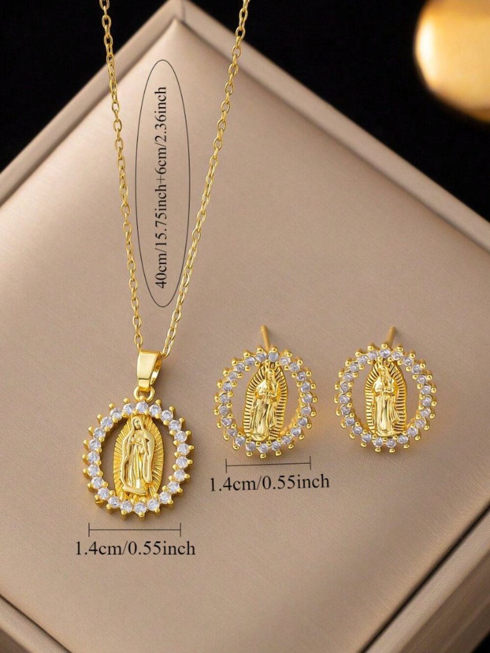 Virgin Mary Gold Plated Necklace Earrings Set CZ Catholic Jewelry